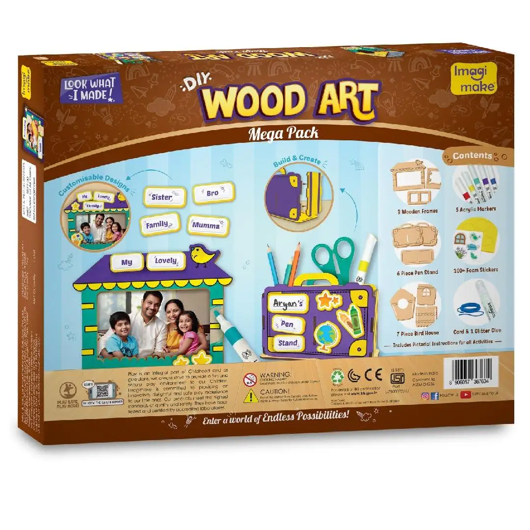 Imagimake DIY Wood Art Mega Pack | Make Customized 3 Photo Frames, 1 Pen Stand and 1 Bird House | Painting & Colouring Kit | Birthday Gift for Kids Age 5,6,7,8 | Art & Craft kit for 6 Year Old Kids view 3