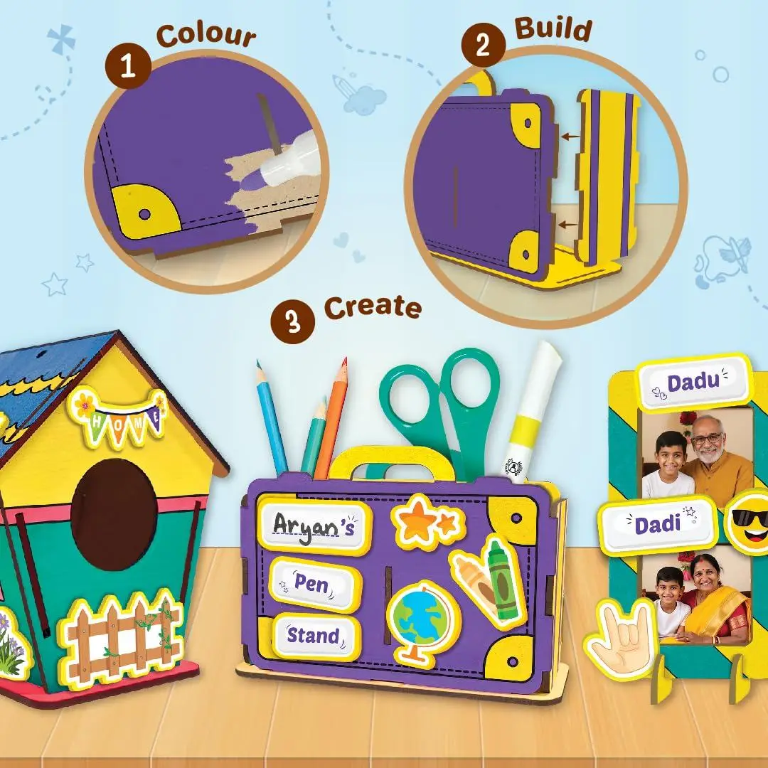 Imagimake DIY Wood Art Mega Pack | Make Customized 3 Photo Frames, 1 Pen Stand and 1 Bird House | Painting & Colouring Kit | Birthday Gift for Kids Age 5,6,7,8 | Art & Craft kit for 6 Year Old Kids view 4
