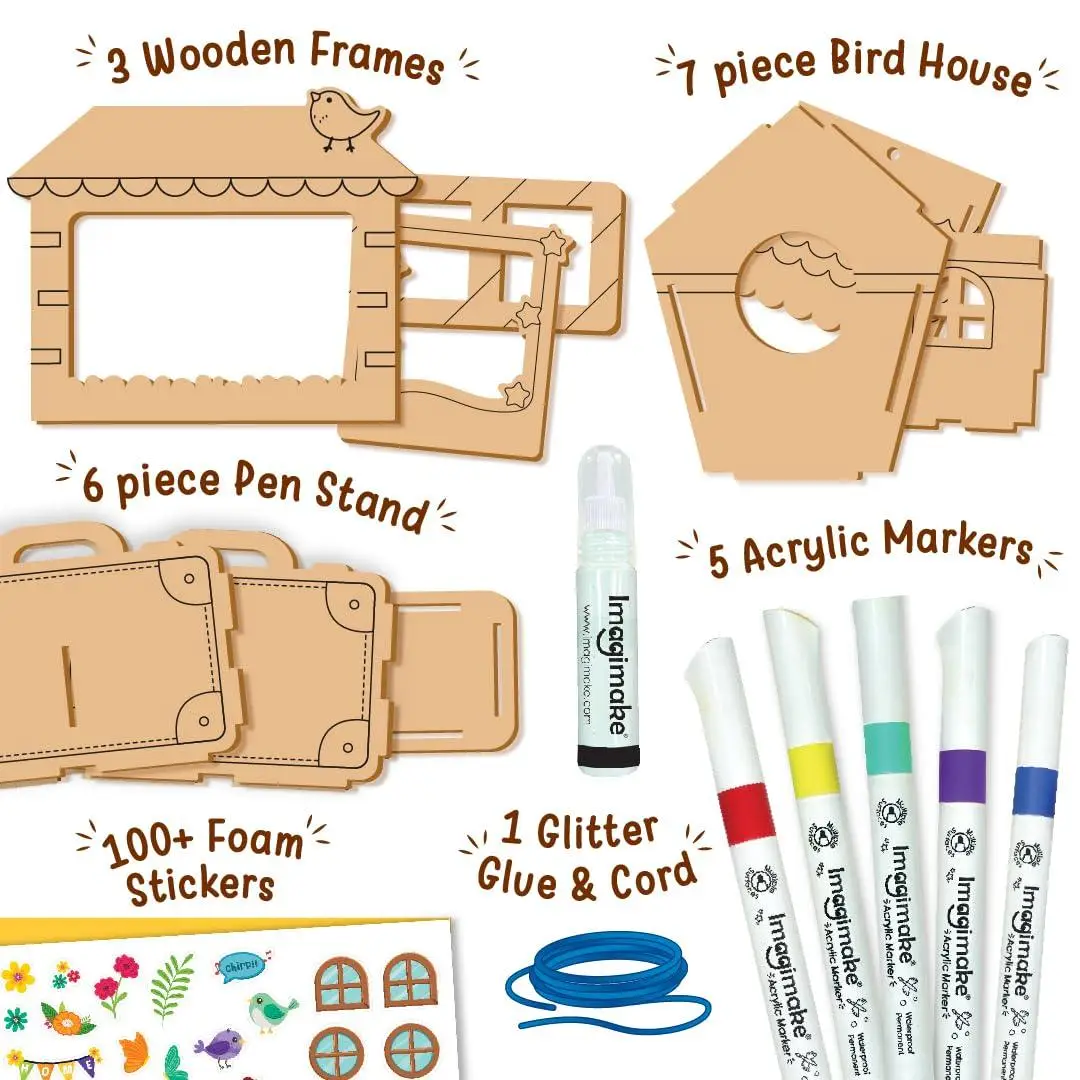 Imagimake DIY Wood Art Mega Pack | Make Customized 3 Photo Frames, 1 Pen Stand and 1 Bird House | Painting & Colouring Kit | Birthday Gift for Kids Age 5,6,7,8 | Art & Craft kit for 6 Year Old Kids view 5