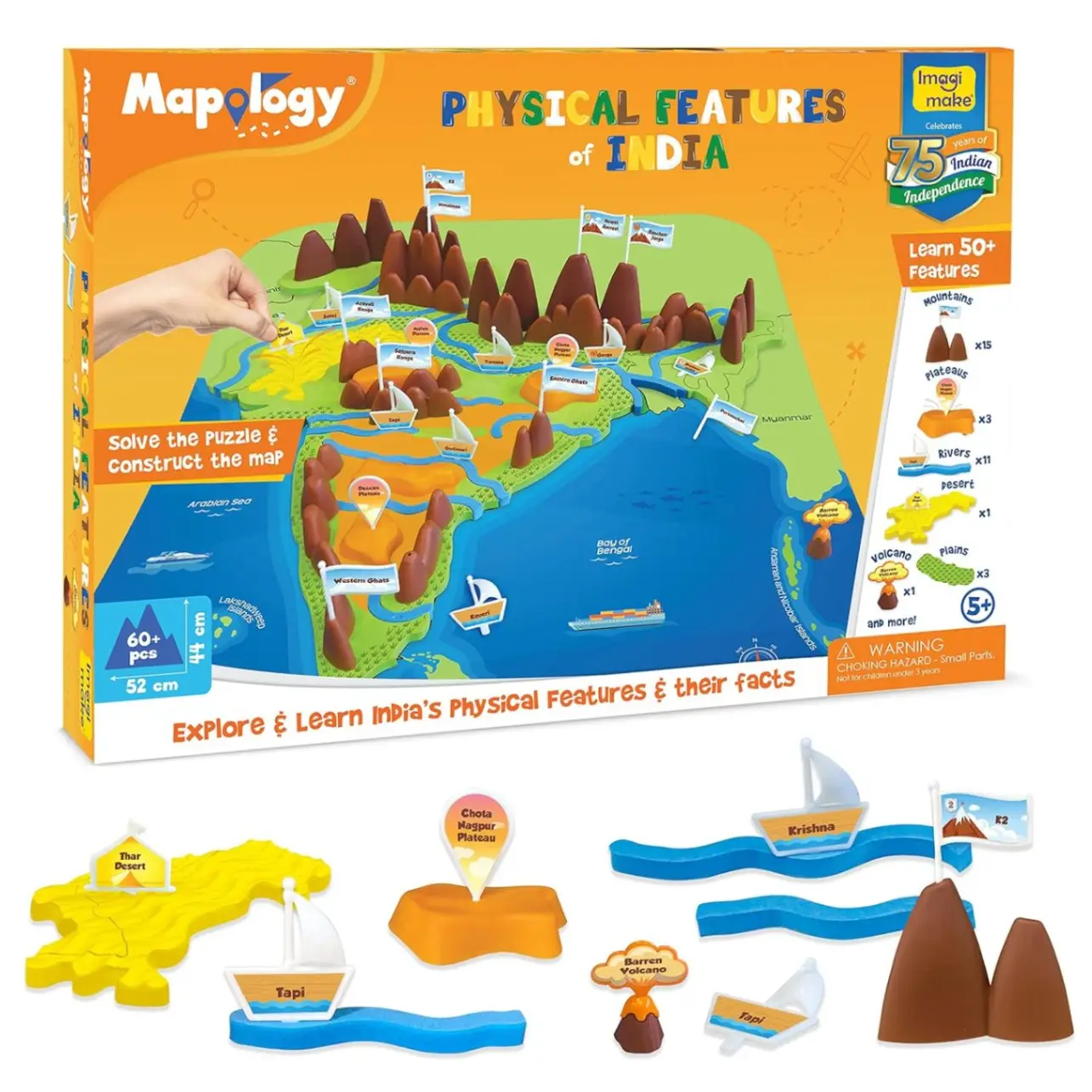 Imagimake Kid's Mapology - Physical Features of India Learn 50+ Geographical Features Like Mountains, Rivers, Plateaus Educational Toy and Learning Aid Puzzles for Age 5 Years+,Multicolor