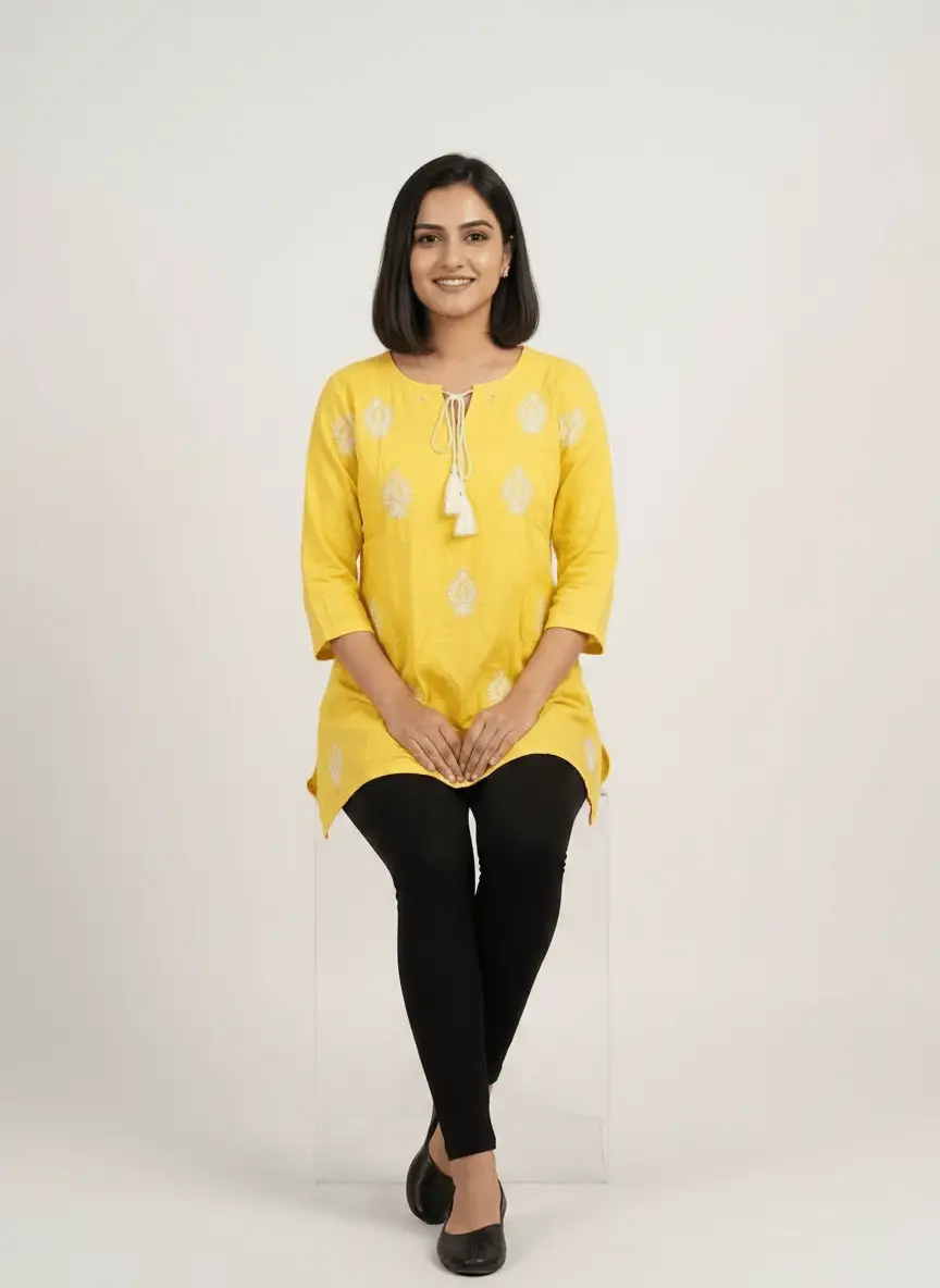 LCF Hand Embroidered Chikan Short Kurti - Yellow view 2