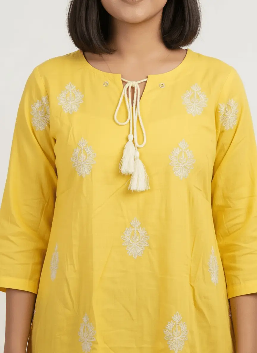 LCF Hand Embroidered Chikan Short Kurti - Yellow view 3