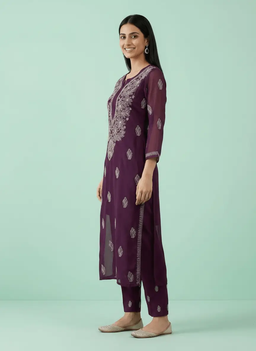 LCF Women's Chiffon Chikan Kurti - Purple view 2