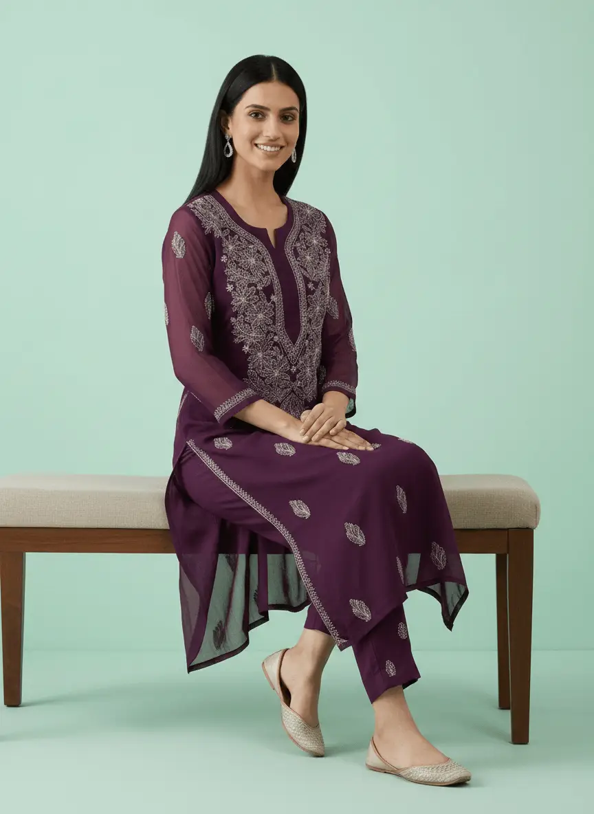 LCF Women's Chiffon Chikan Kurti - Purple view 3