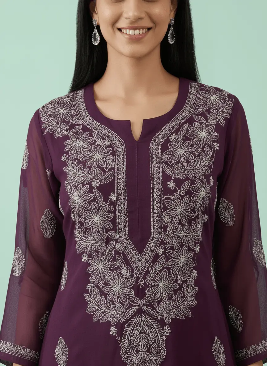 LCF Women's Chiffon Chikan Kurti - Purple view 4