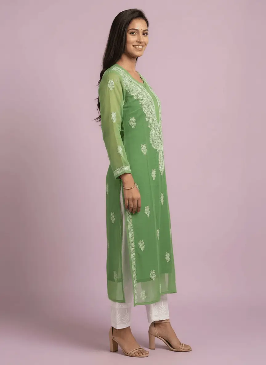 LCF Women's Chiffon Chikan Kurti - Green view 2