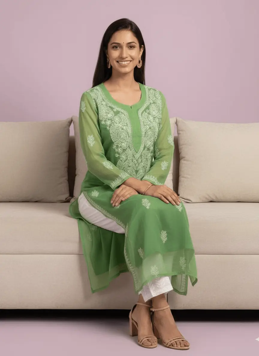 LCF Women's Chiffon Chikan Kurti - Green view 3