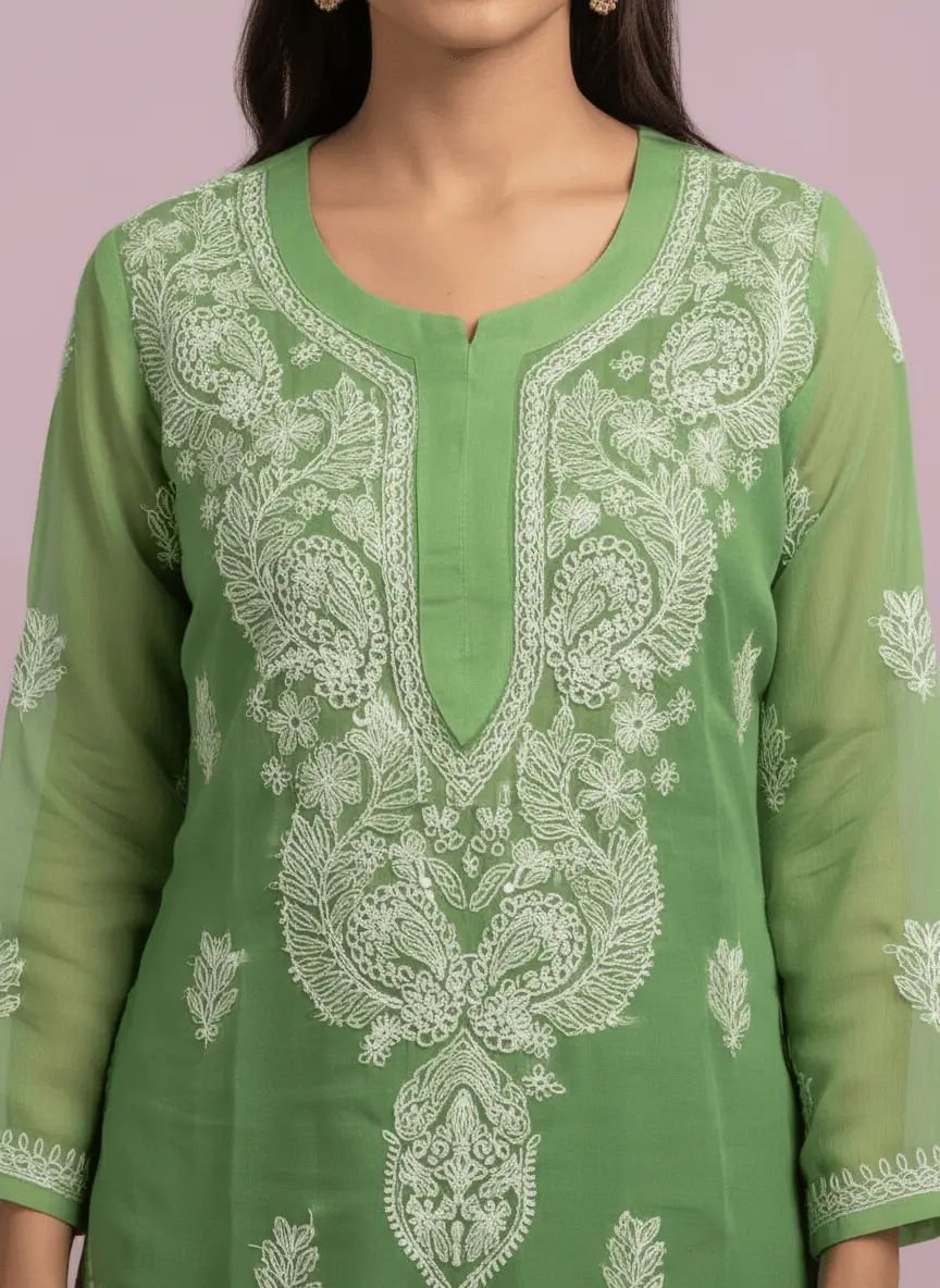 LCF Women's Chiffon Chikan Kurti - Green view 4