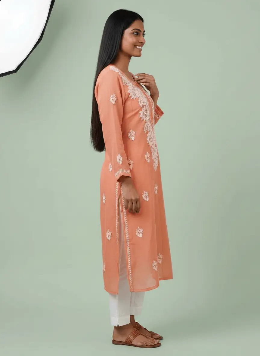 LCF Women's Chiffon Chikan Kurti - Peach view 2