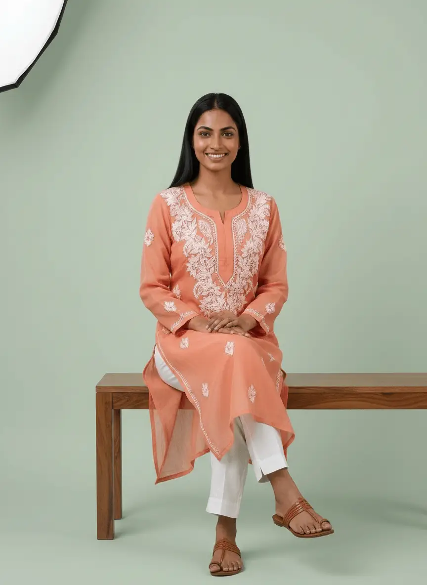 LCF Women's Chiffon Chikan Kurti - Peach view 3
