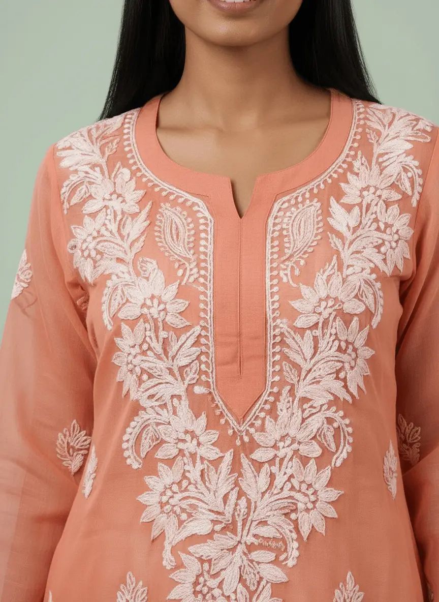 LCF Women's Chiffon Chikan Kurti - Peach view 4