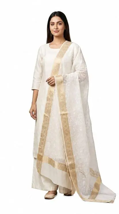 Mal Chanderi Dupatta, Off-White, Full Jaal Computer Embroidery with Banarsi Border