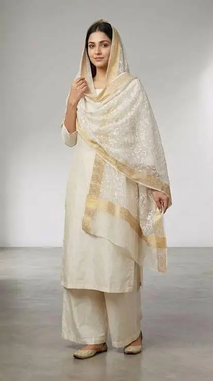 Mal Chanderi Dupatta, Off-White, Full Jaal Computer Embroidery with Banarsi Border view 2