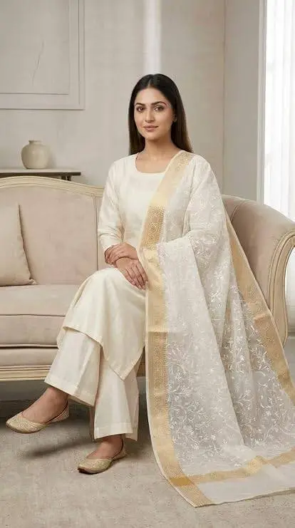 Mal Chanderi Dupatta, Off-White, Full Jaal Computer Embroidery with Banarsi Border view 3