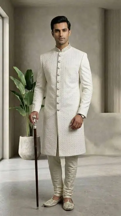 Men's Sherwani with Hakoba Embroidery Work, 60gm Cotton, Self Thread, Sizes 40-46, view 2