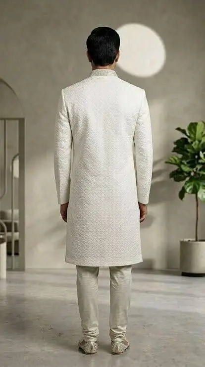 Men's Sherwani with Hakoba Embroidery Work, 60gm Cotton, Self Thread, Sizes 40-46, view 3