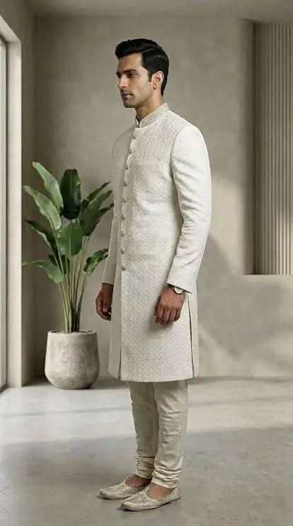 Men's Sherwani with Hakoba Embroidery Work, 60gm Cotton, Self Thread, Sizes 40-46, view 4