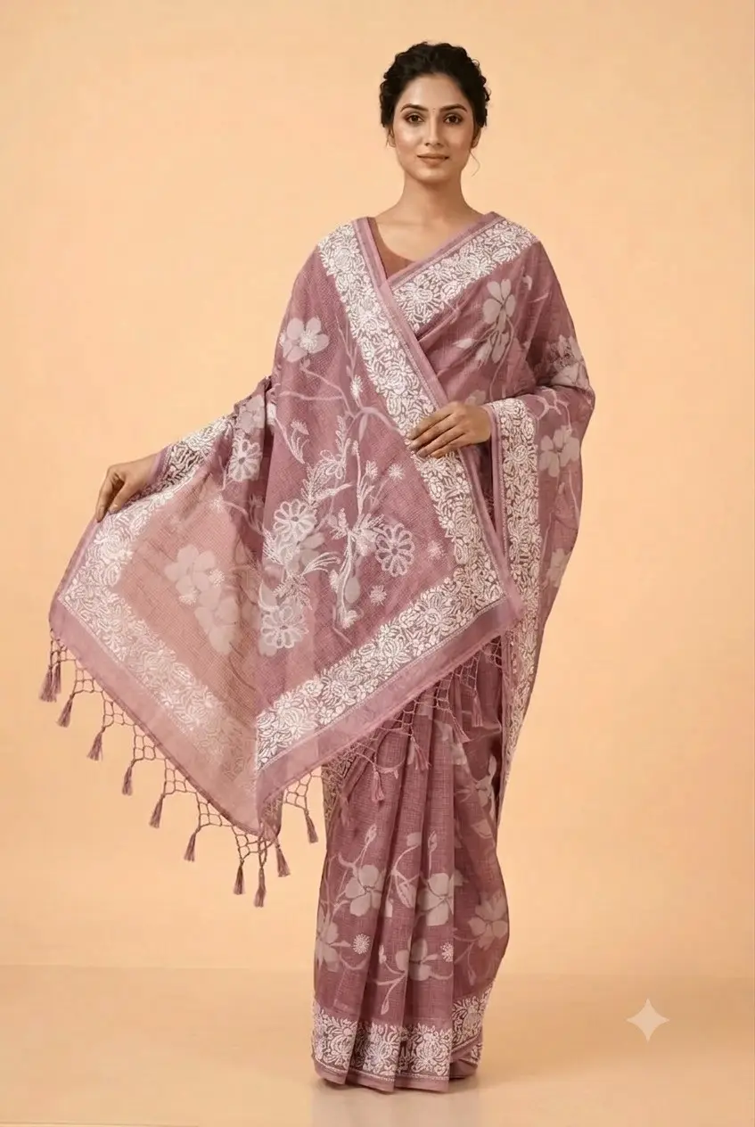 Chikan Saree Banarasi Chanderi EMBROIDERY-SHADOW AND FANDA by Lucknow Chikan Factory - Purple