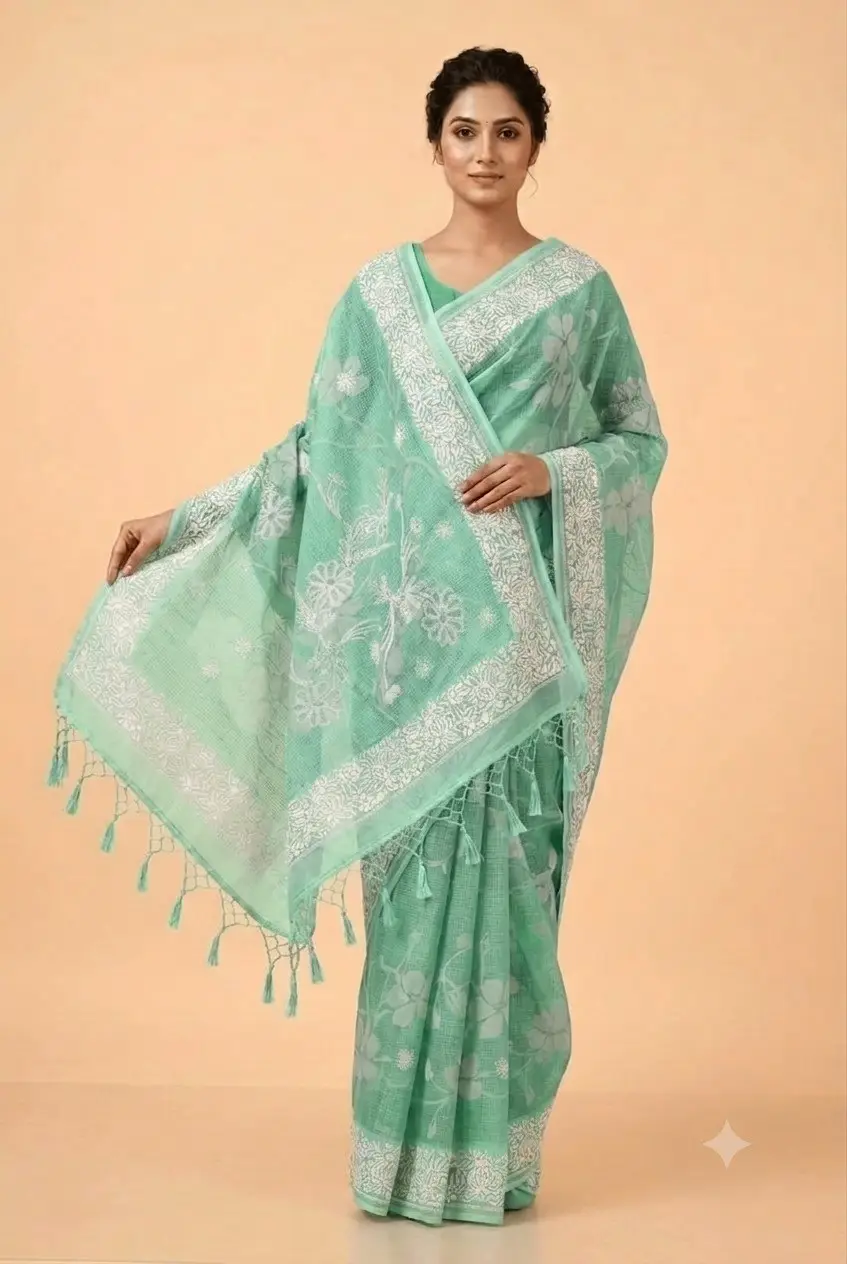 Chikan Saree Banarasi Chanderi EMBROIDERY-SHADOW AND FANDA by Lucknow Chikan Factory - Mint Green