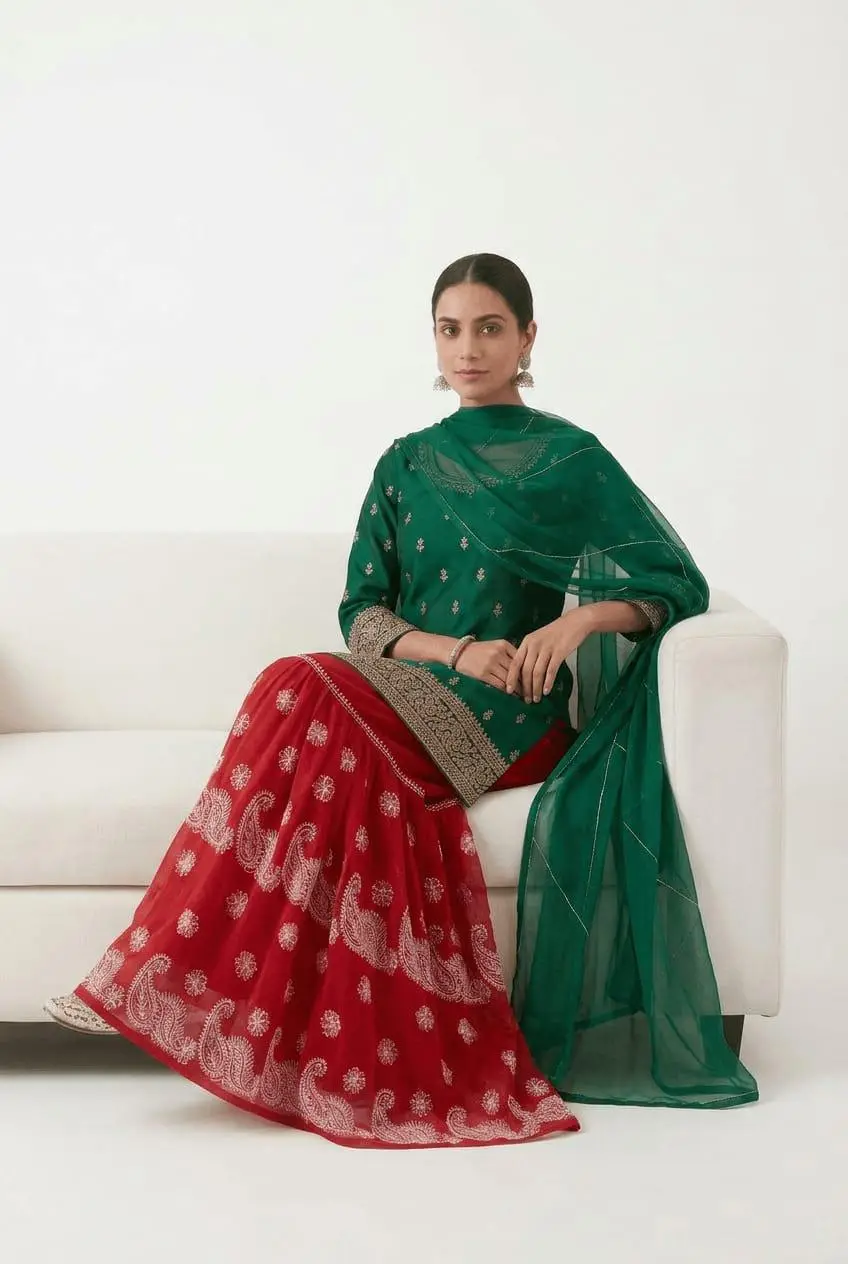 women Garara triple layer Chiffon bhakiya fanda - Red view 2