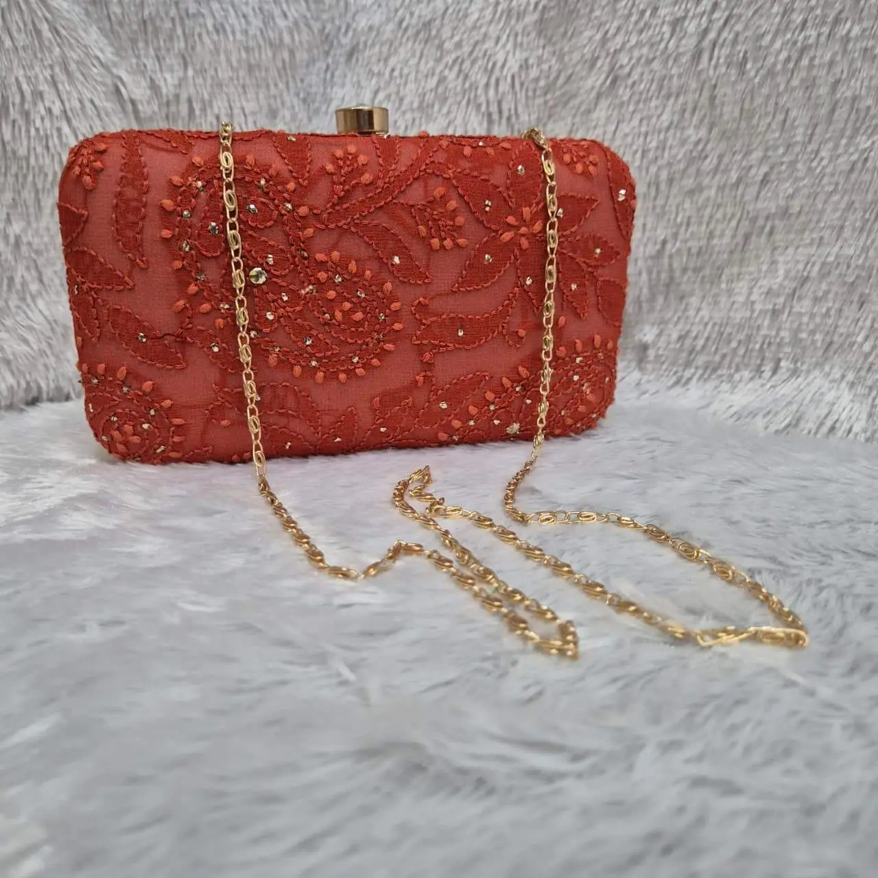 Handmade chikankari with mukesh Embroidered Elegant Red Clutch Bag