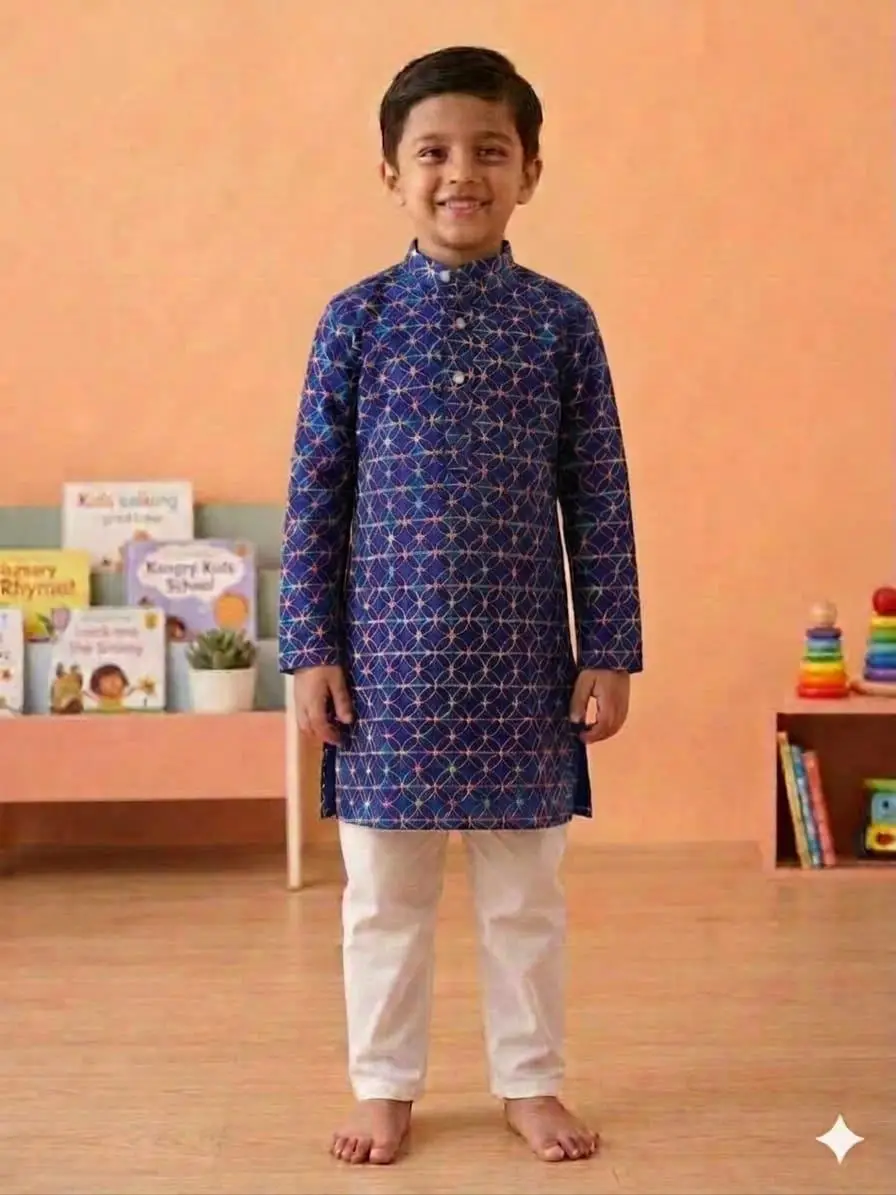 LCF chikan kids kurta set | Chanderi | full jaal work - Blue