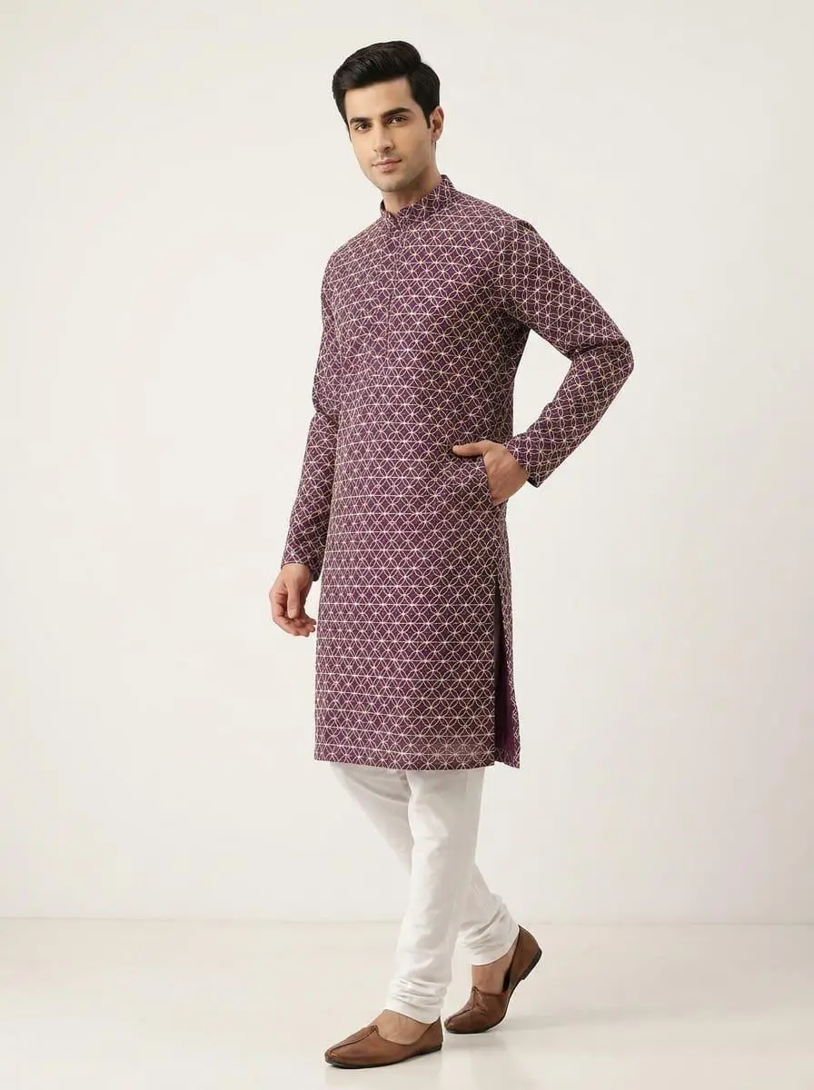 LCF Men's Khadi Cotton Chikan Kurta | Full Jaal with sequence work - Purple