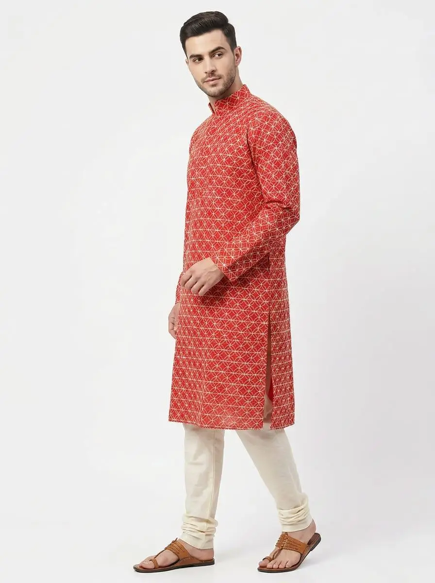 LCF Men's Khadi Cotton Chikan Kurta | Full Jaal with sequence work - Red
