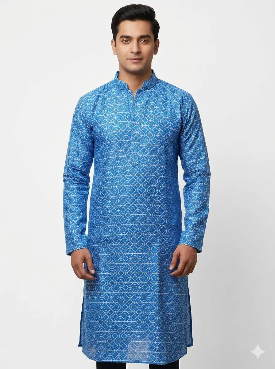 LCF Men's Khadi Cotton Chikan Kurta | Full Jaal with sequence work - Blue