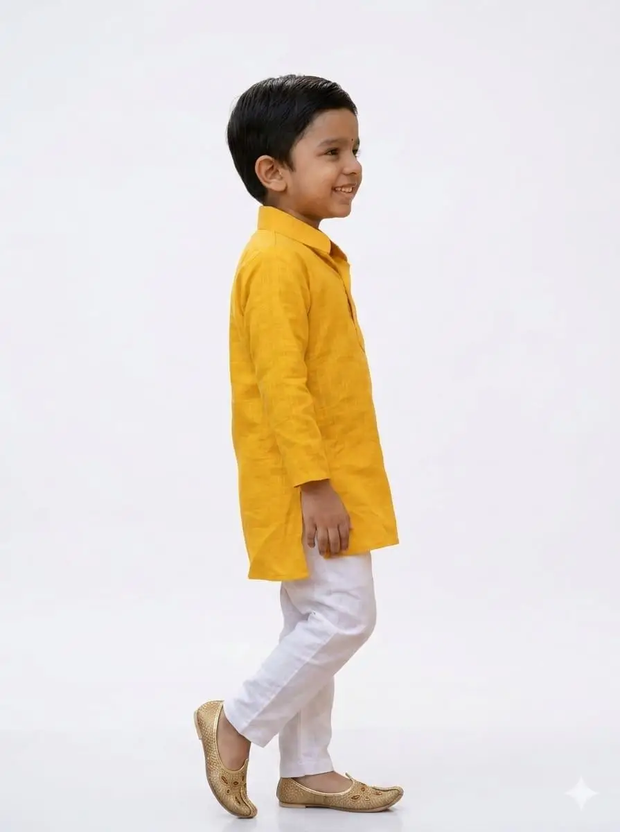 LCF Khadi Cotton Plane Kurta Set for Kid Boys - Yellow view 2