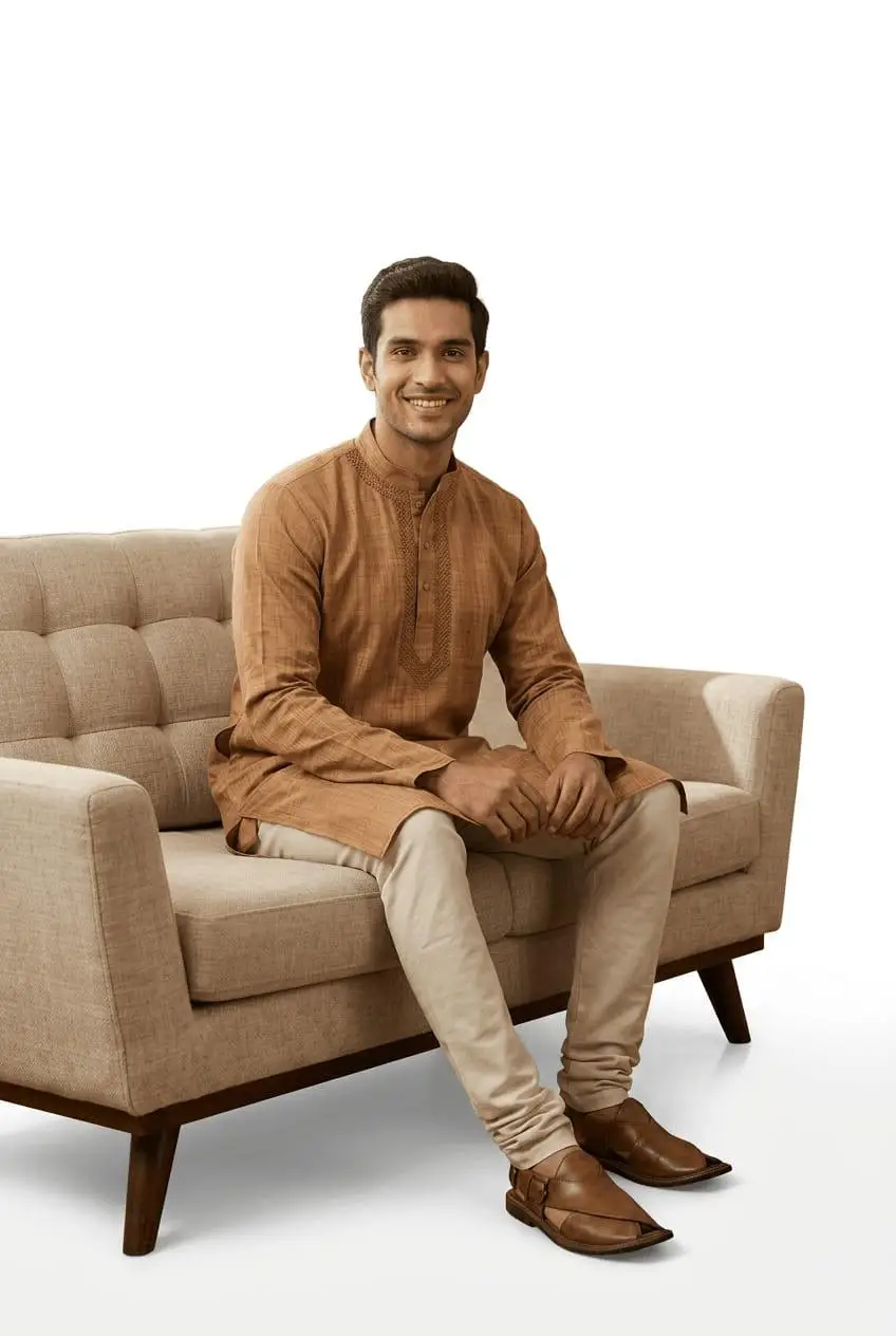 LCF Men's silk chikan kurta - Dark Brown view 2