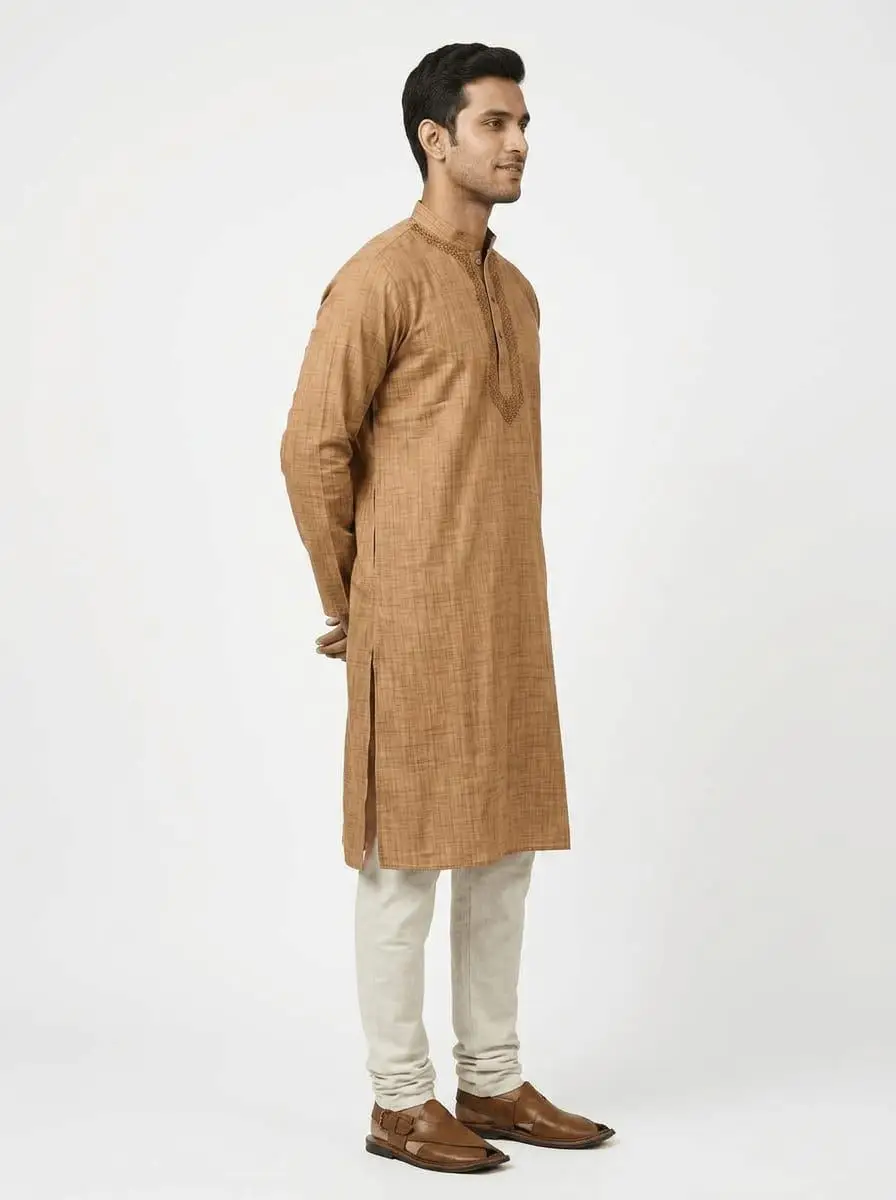 LCF Men's silk chikan kurta - Dark Brown view 3