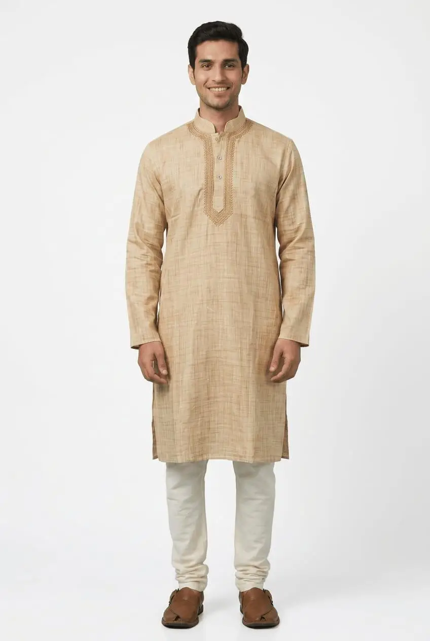 LCF Men's silk chikan kurta - Light Brown