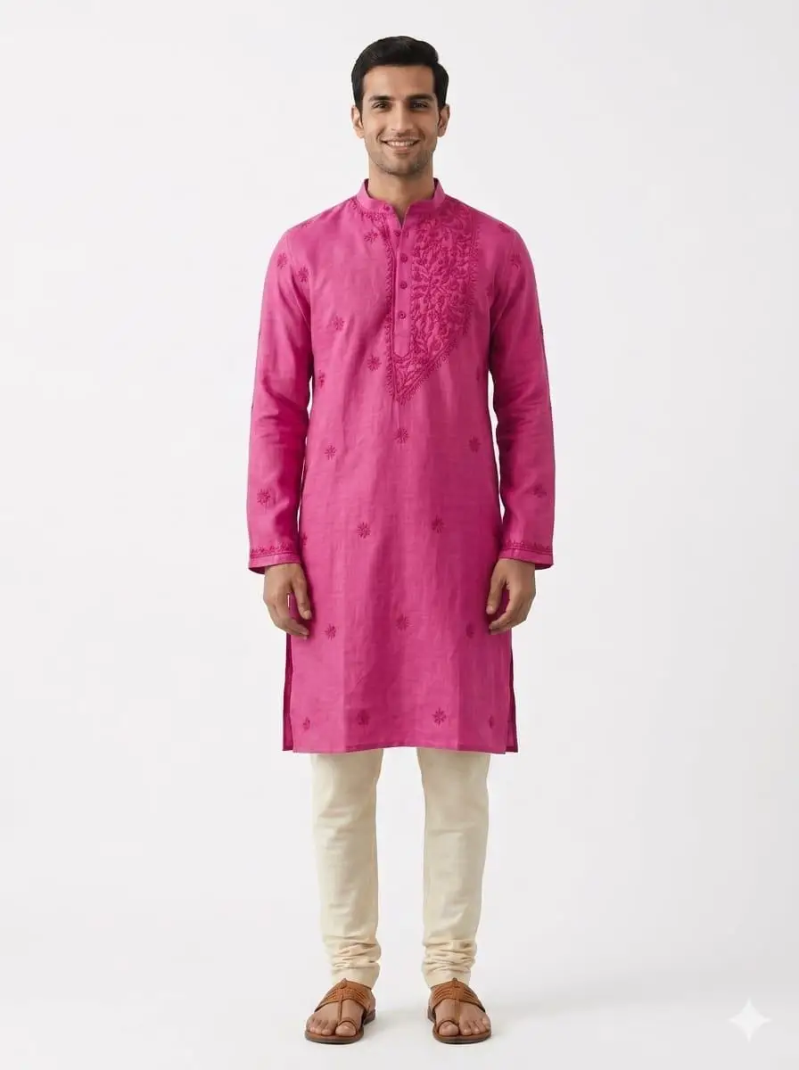 LCF Linen Cotton Men's Kurta | One side Neck Boota Work - Pink