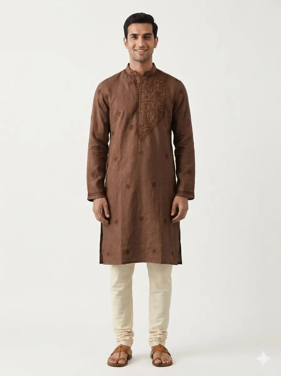 LCF Linen Cotton Men's Kurta | One side Neck Boota Work - Dark Brown
