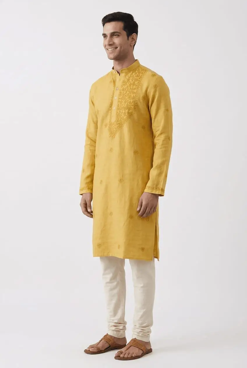 LCF Linen Cotton Men's Kurta | One side Neck Boota Work - Yellow