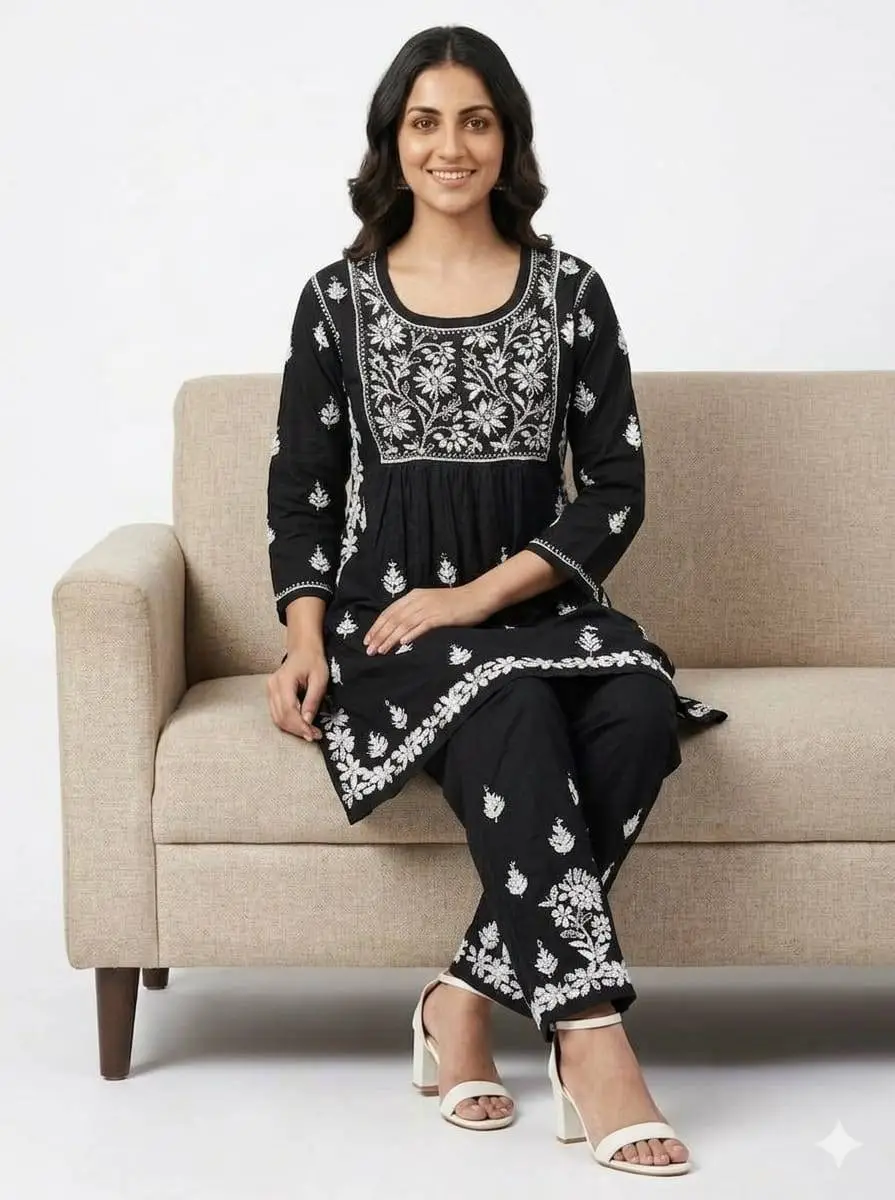 LCF Women's reyon coord-set Ghass Patti Work - Black view 3