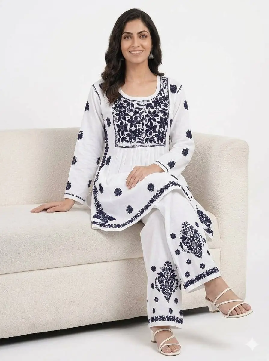 LCF Women's Reyon coord-set Ghass Patti Work - White view 3