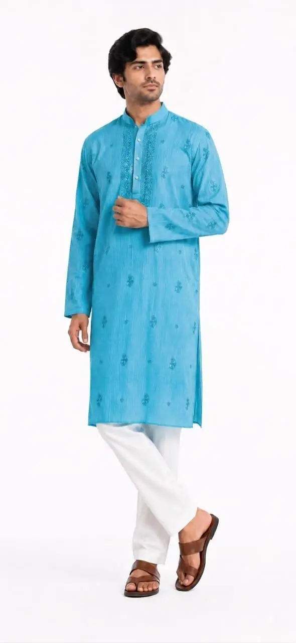 LCF COTTON Mens Chikan Kurta - SKY BLUE