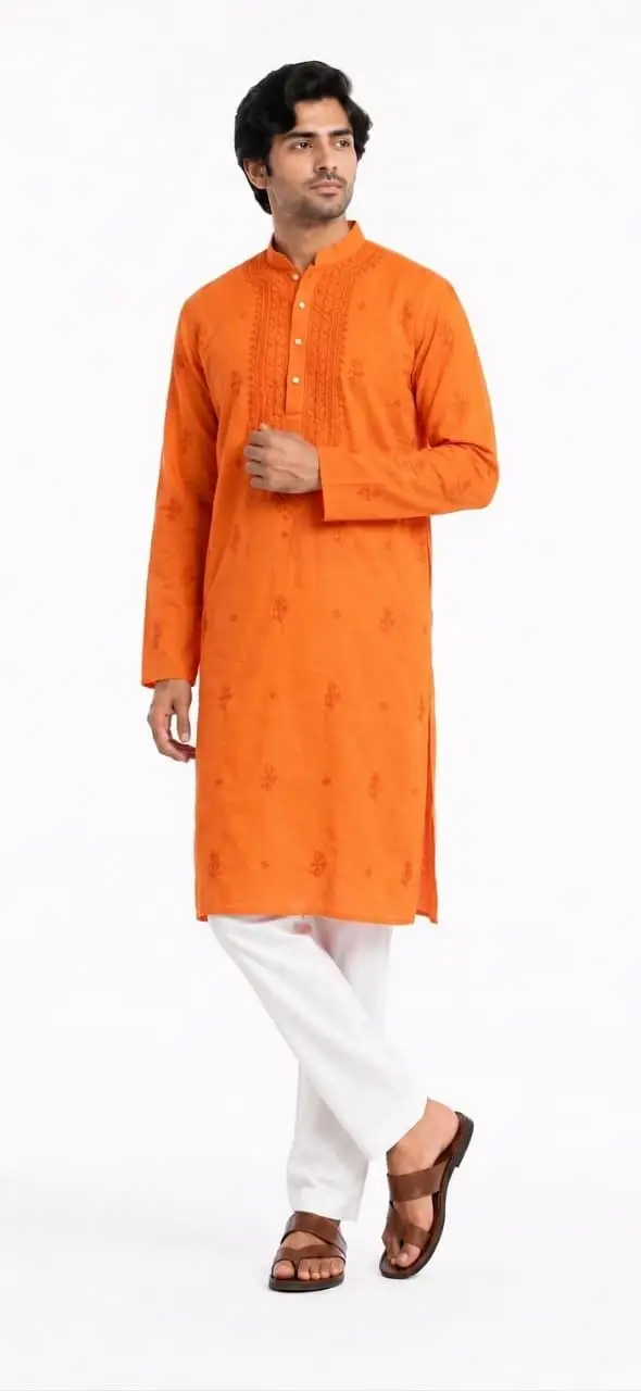 LCF COTTON Mens Chikan Kurta - DARK ORANGE