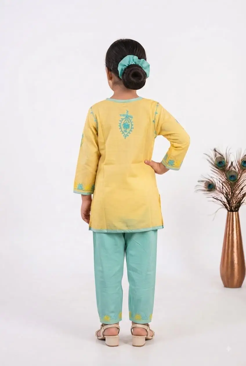 LCF Kid's Khadi Cotton Neck Booti Computer Work Kurti Set - Yellow view 2