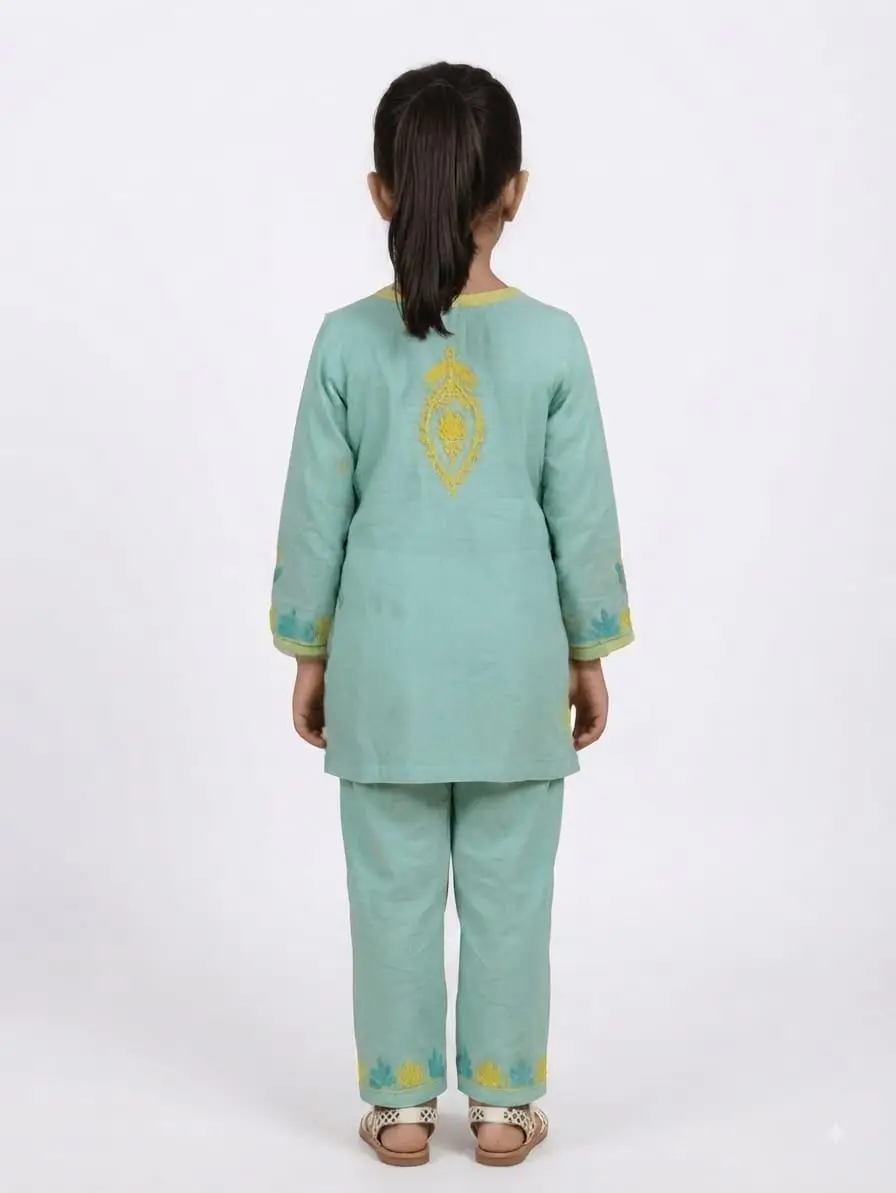 LCF Kid's Khadi Cotton Neck Booti Computer Work Kurti Set - Sea Green view 2