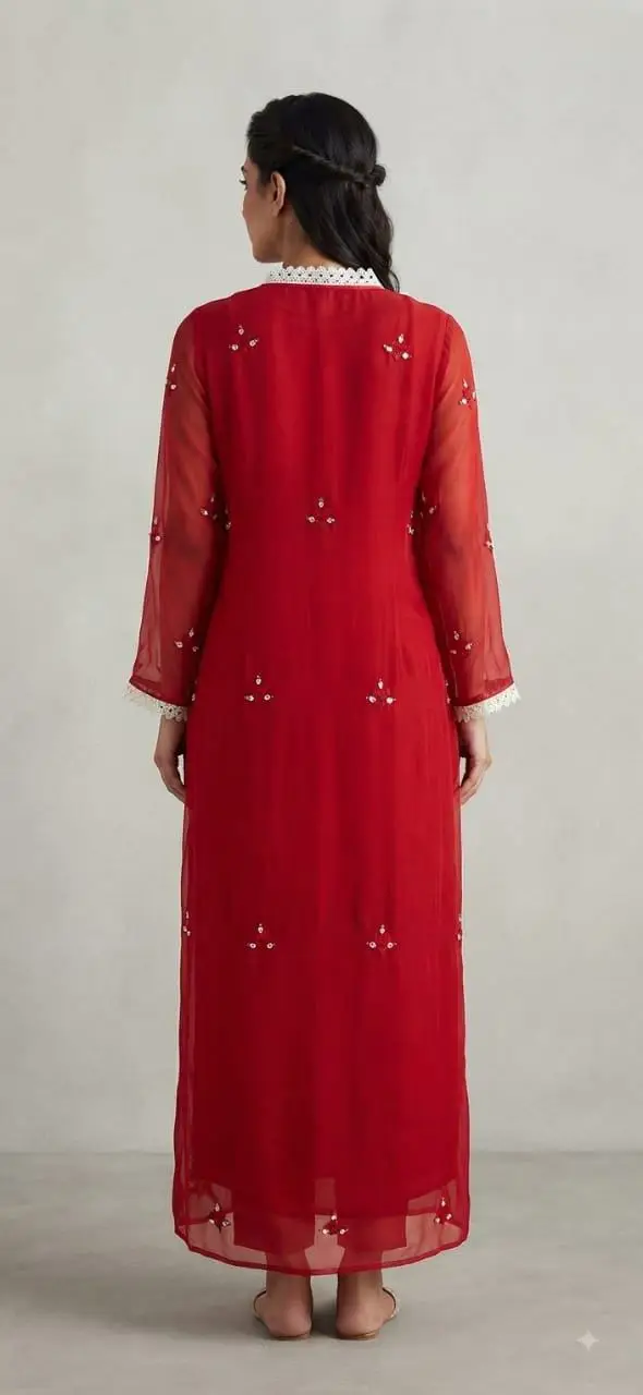 LCF Chikan Embroidered MIRROR WORK ANGRAKHA - RED view 2