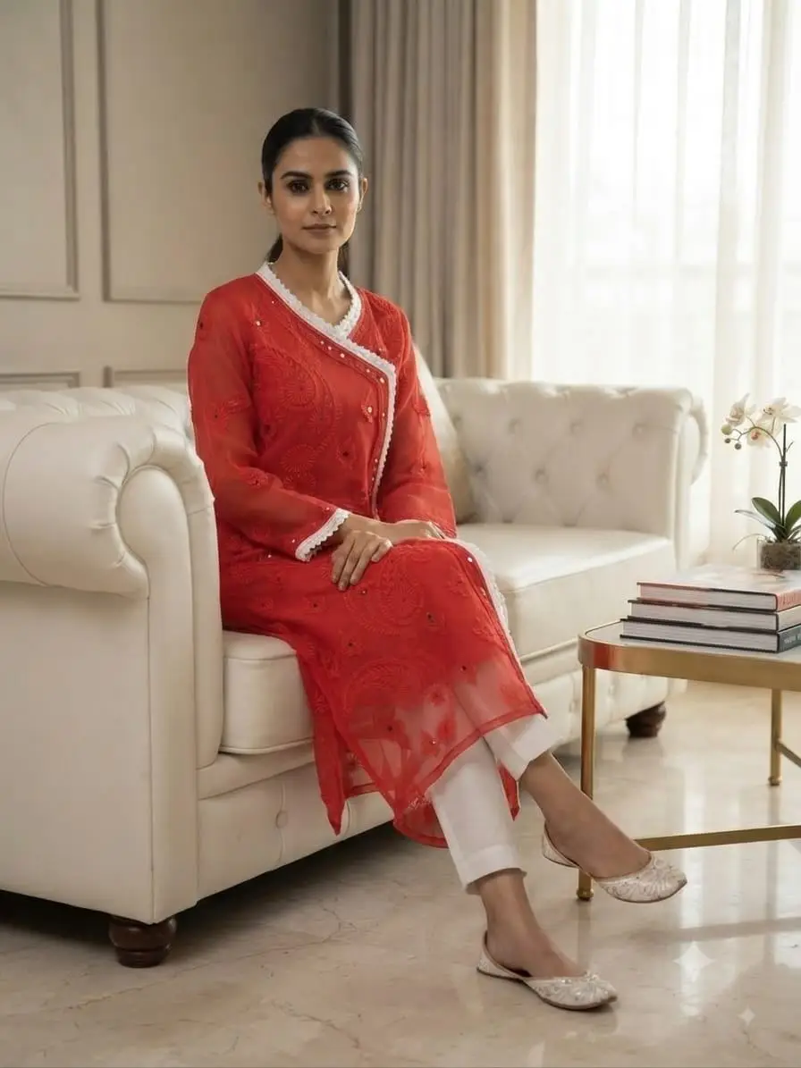 LCF Chikan Embroidered MIRROR WORK ANGRAKHA - RED view 3