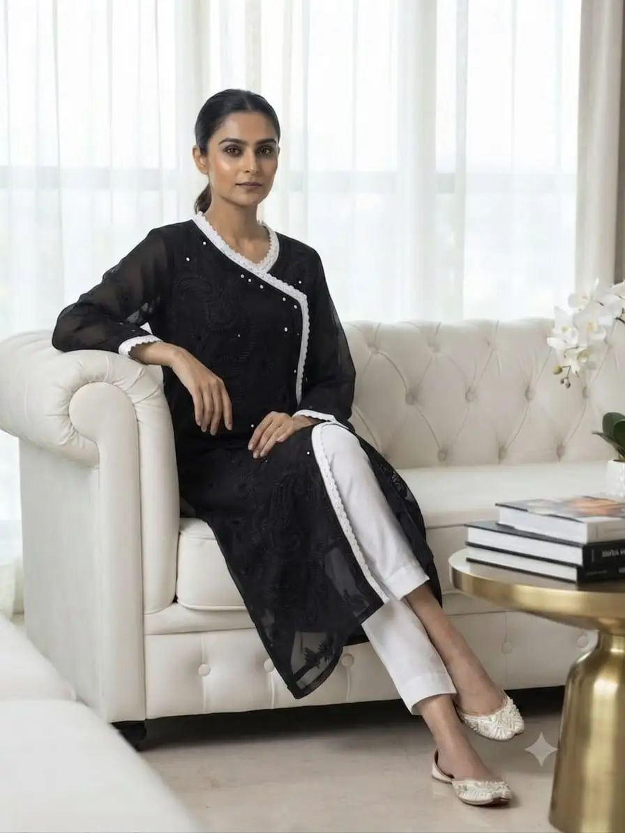 LCF Chikan Embroidered MIRROR WORK ANGRAKHA - BLACK view 3