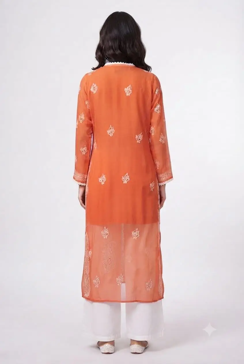LCF Chikan Embroidered MIRROR WORK ANGRAKHA - ORANGRE view 2