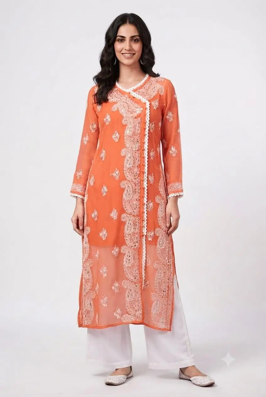 LCF Chikan Embroidered MIRROR WORK ANGRAKHA - ORANGRE view 3