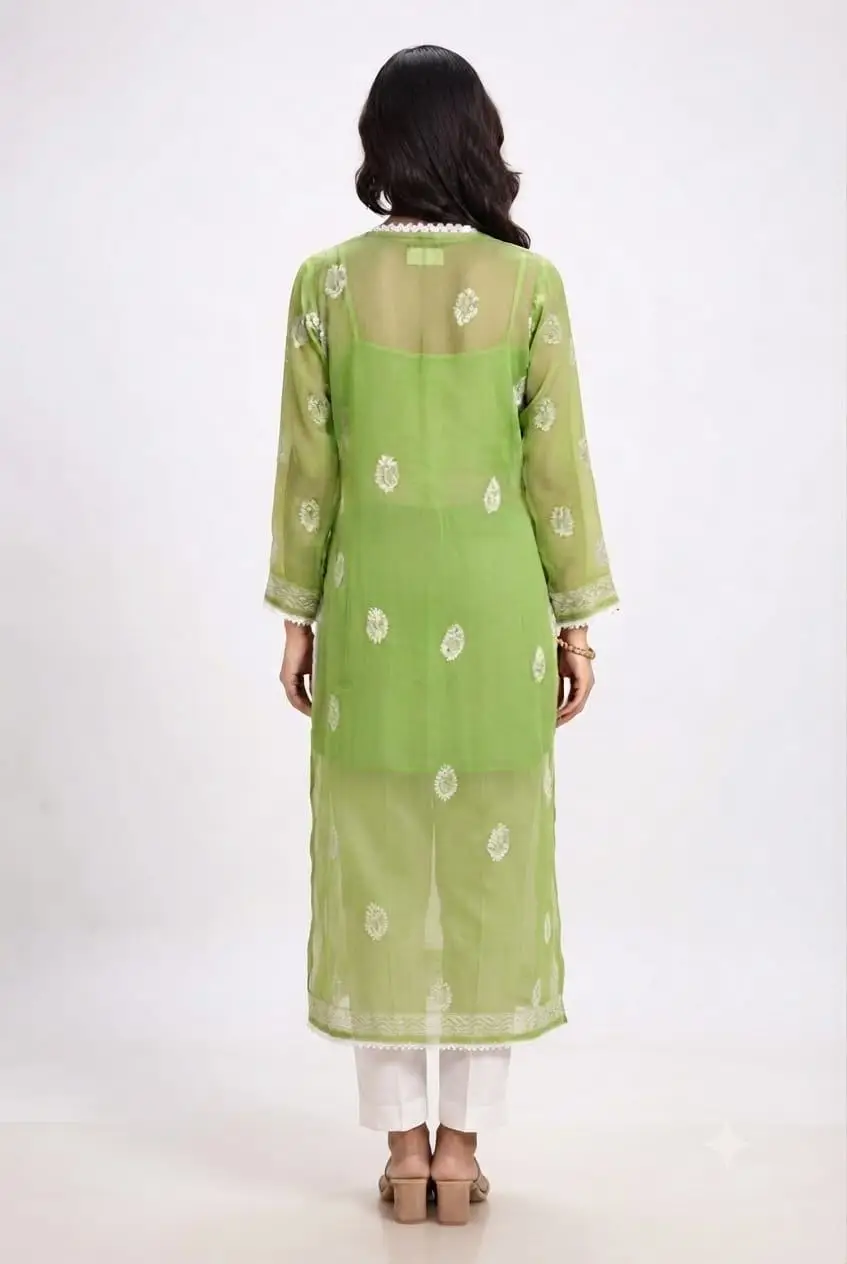 LCF Chikan Embroidered MIRROR WORK ANGRAKHA - GREEN view 2