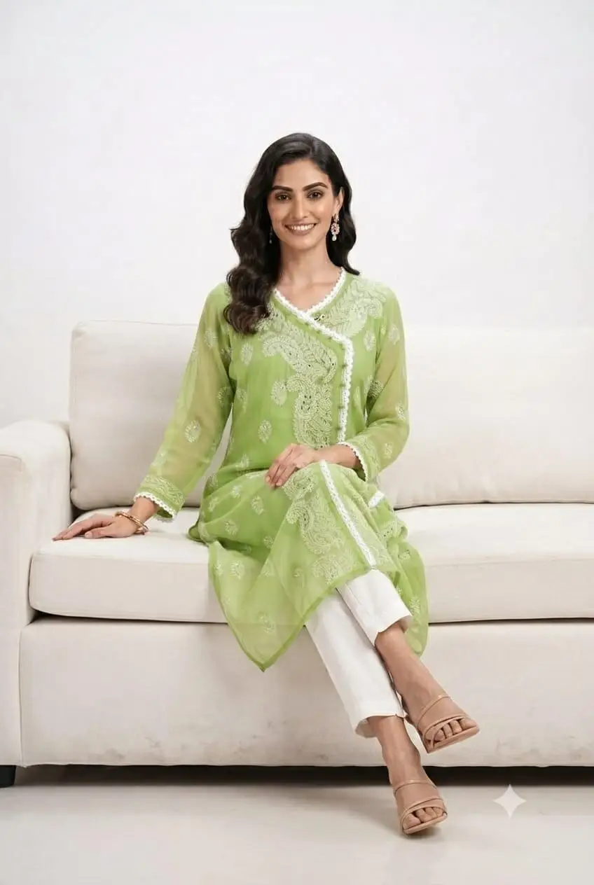 LCF Chikan Embroidered MIRROR WORK ANGRAKHA - GREEN view 3