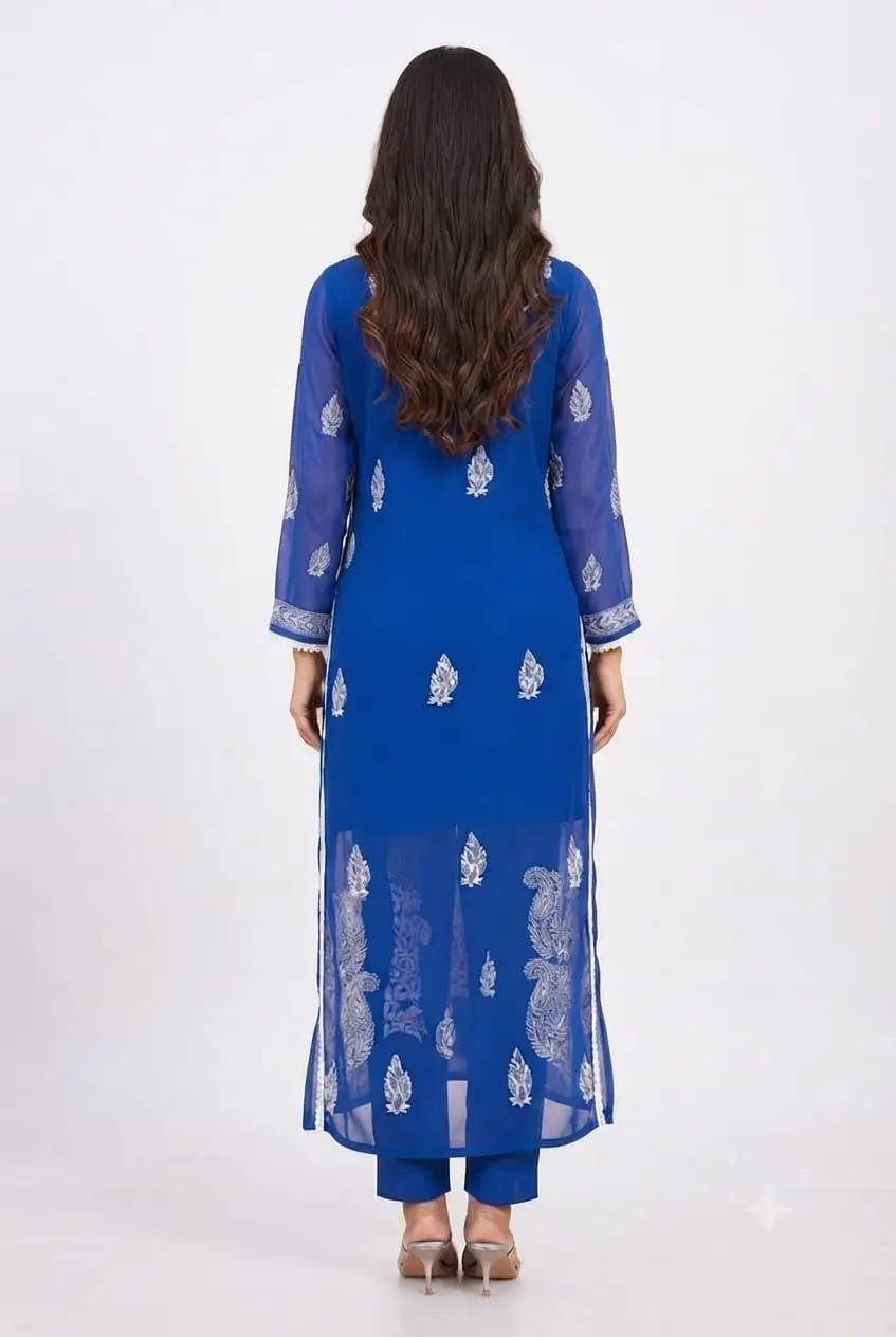 LCF Chikan Embroidered MIRROR WORK ANGRAKHA - ROYAL BLUE view 2
